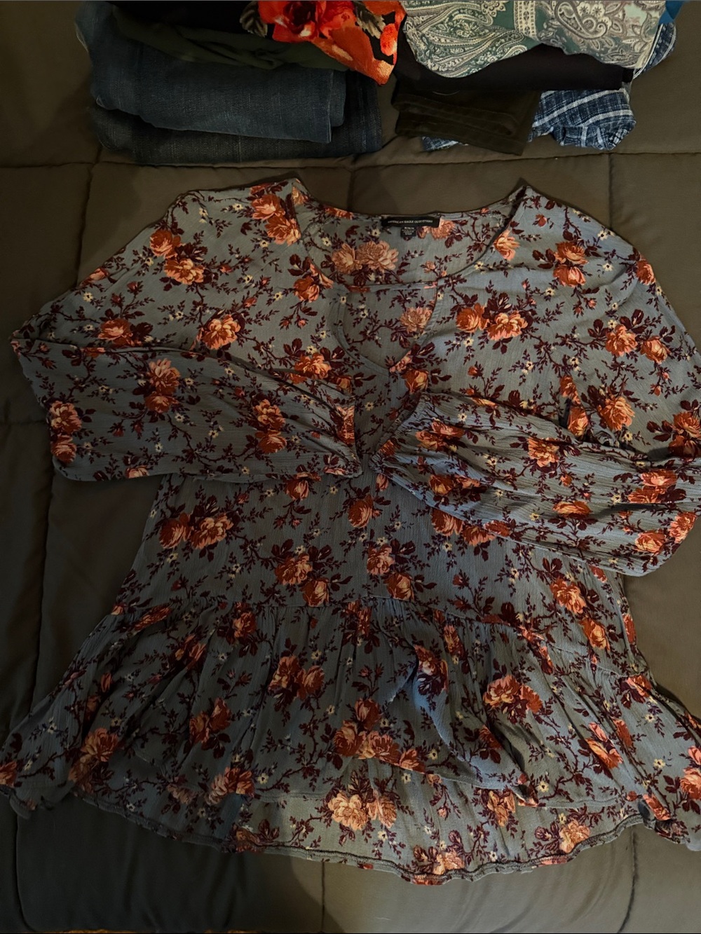 American Eagle Outfitters Floral Peplum Blouse - Dusty Blue with Rust Floral